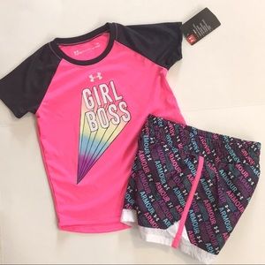 ♦️UA “girl boss “Tee & Printed shorts, set , 2T